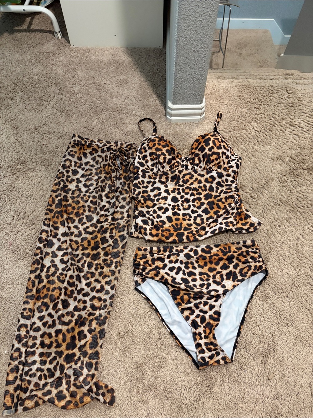 Leopard Print High-Waist Bikini Set with Matching Cover-Up - Brown/Black